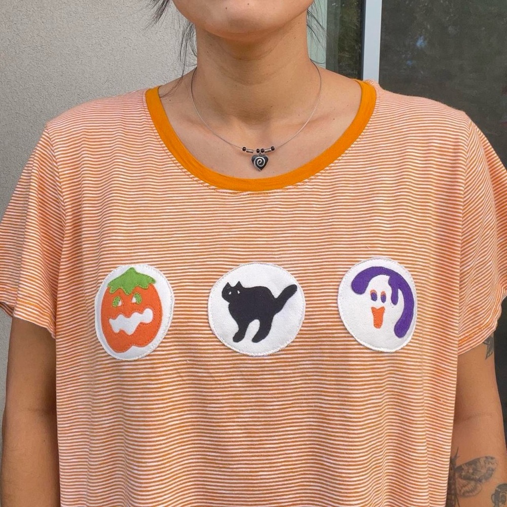 Halloween Cookie Handmade Patches on a Orange and White Slouchy Tee Shirt